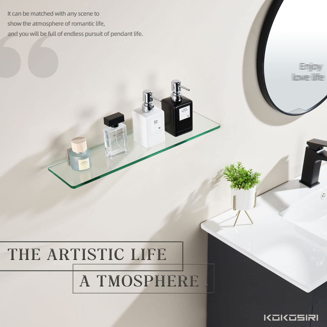 KOKOSIRI Wall Shelves Floating Bathroom Glass Shelf for Kitchen Storage, 16'' x 5.6'' Tempered Glass Wall Mounted Polished Stainless Steel, 2 Pack B1106CH-L16-P2