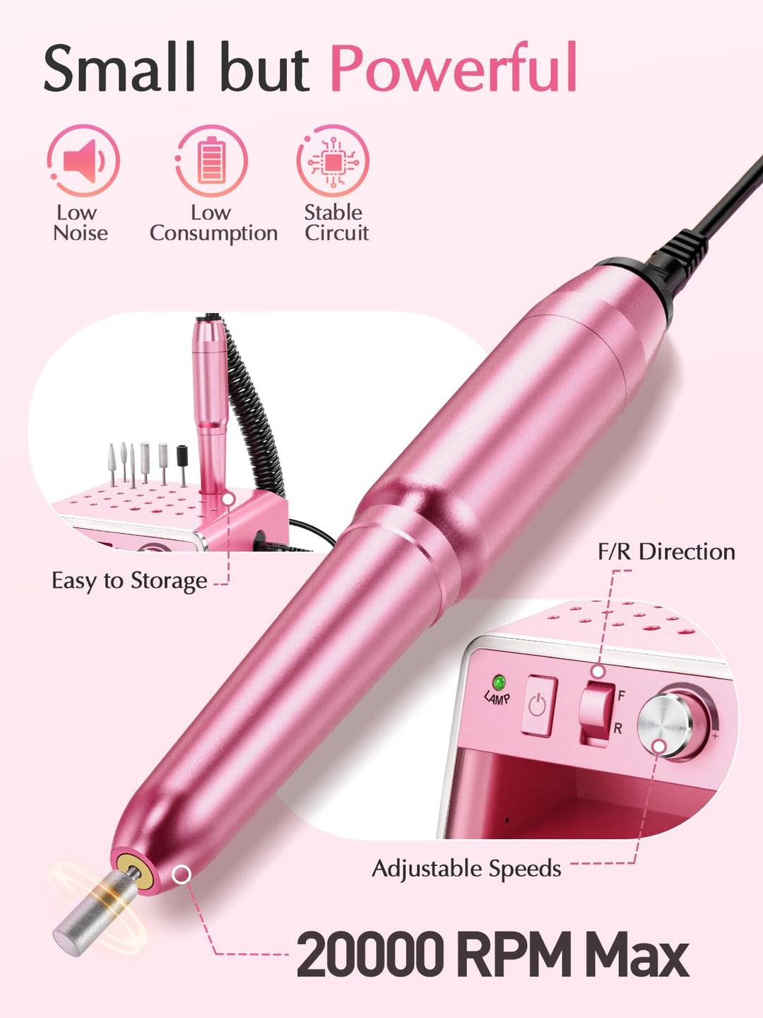 Beloving Nail Drill Machine, Electric Nail File for Acrylic Gel Dip Powder Nails, 20000 RPM Portable Electric Nail Drill Kit for Manicure Pedicure, E file Acrylic Nail Tools for Home Use, Pink