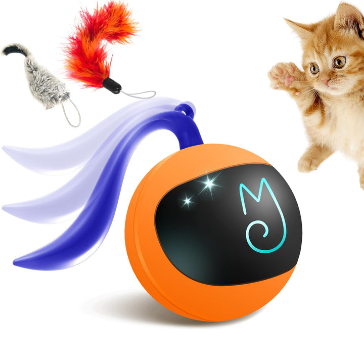 Migipaws Interactive Cat Ball Toy Set, Fun Tracker, Automatic Moving Chase Ball with Fluffy Tail, A Small Mice, Rechargeable (Orange)