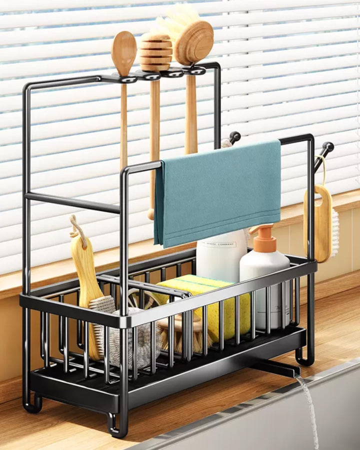 Sponge Holder for Kitchen Sink, Sink Caddy with High Brush Holder, Dishcloth Hanger and Auto Draining Tray, 304 Stainless Steel Dish Organizer Divider