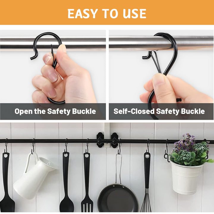 12 Pcs S Hooks for Hanging, Heavy Duty Metal S Shaped Hooks with Safety Buckle for Plants, Pots, Towels and Bags, 3.55 inch (Black)