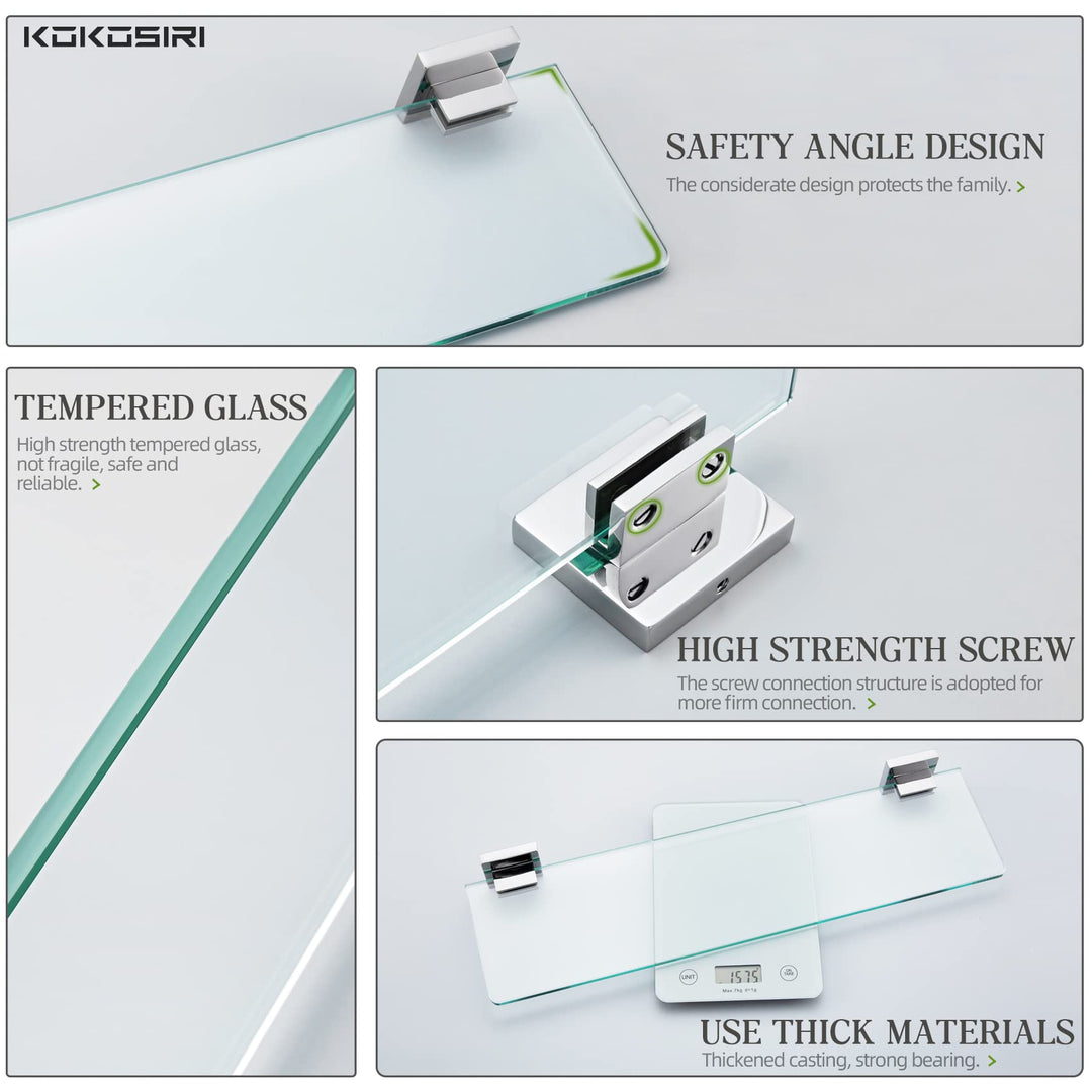 KOKOSIRI Wall Shelves Floating Bathroom Glass Shelf for Kitchen Storage, 16'' x 5.6'' Tempered Glass Wall Mounted Polished Stainless Steel, 2 Pack B1106CH-L16-P2