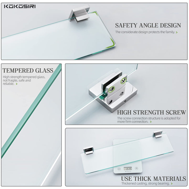 KOKOSIRI Wall Shelves Floating Bathroom Glass Shelf for Kitchen Storage, 16'' x 5.6'' Tempered Glass Wall Mounted Polished Stainless Steel, 2 Pack B1106CH-L16-P2