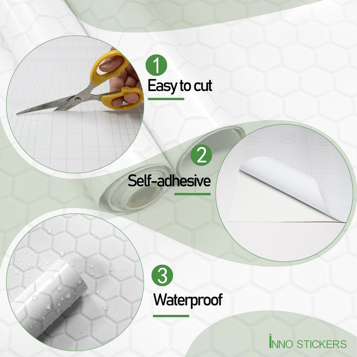 INNO STICKERS Peel and Stick Wallpaper for Kitchen Bathroom 16.9"x118" Countertop Removable Vinyl White Hexagon Decor Contact Paper