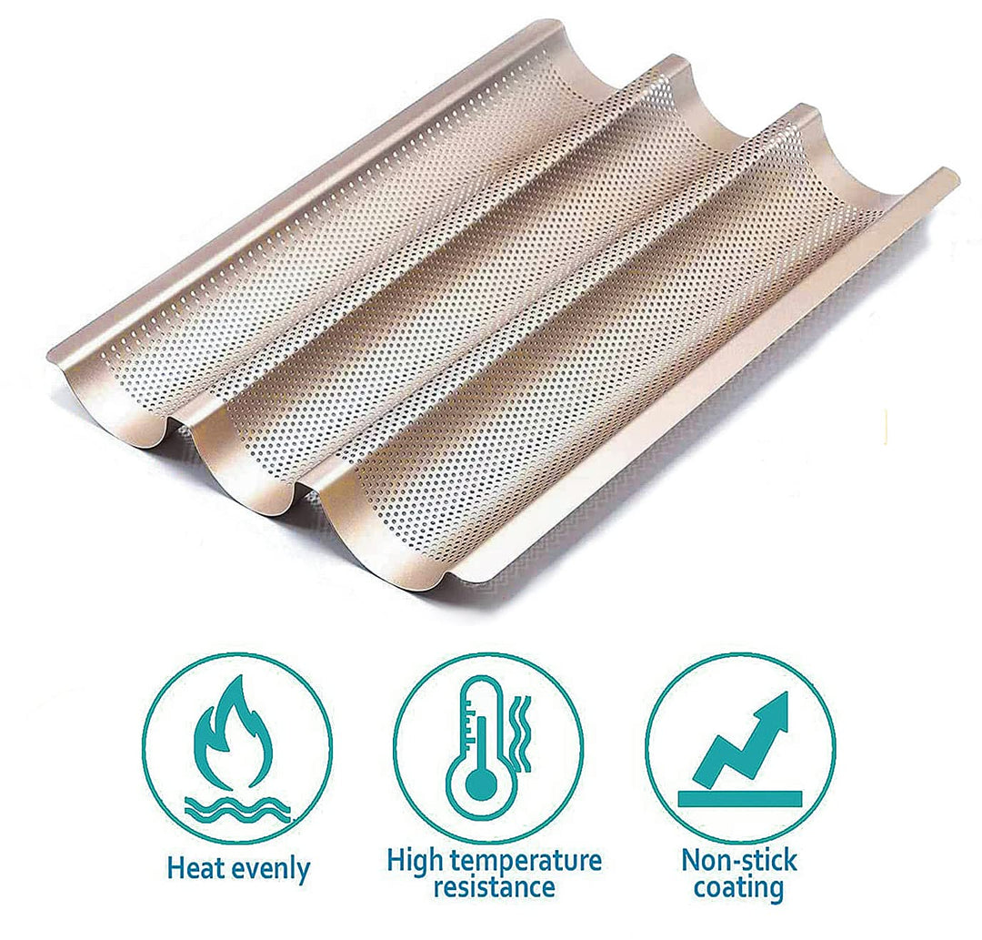 Baguette Pans for Baking 15" x 11", Carbon Steel 3 Loaf Nonstick Baguette Baking Tray for French & Italian Perforated French Bread Pan