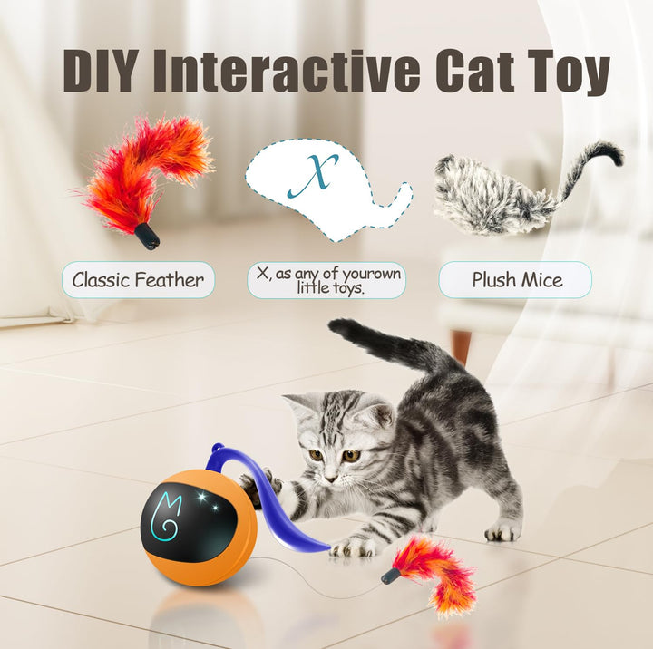 Migipaws Interactive Cat Ball Toy Set, Fun Tracker, Automatic Moving Chase Ball with Fluffy Tail, A Small Mice, Rechargeable (Orange)