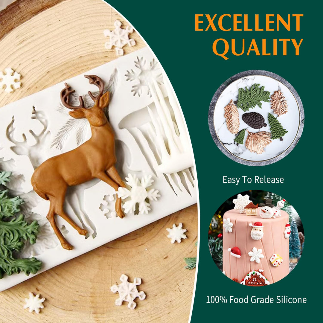 Christmas Fondant Mold Set of 5 Pieces- 3D Snowflake, Christmas Tree, Reindeer, Holly Leaf, Cupcake Topper for Cake Decorating Tools