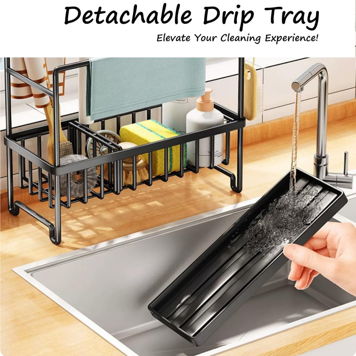 Sponge Holder for Kitchen Sink, Sink Caddy with High Brush Holder, Dishcloth Hanger and Auto Draining Tray, 304 Stainless Steel Dish Organizer Divider