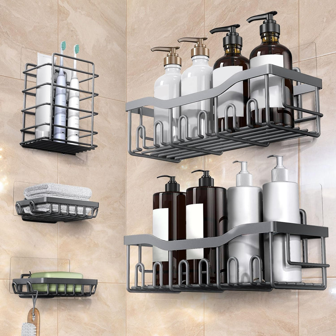 Jabukosu Shower Caddy, Shower Shelves [5-Pack], Adhesive Shower Organizer No Drilling, Large Capacity, Rustproof Stainless Steel Bathroom Shower Shelf for Inside Shower