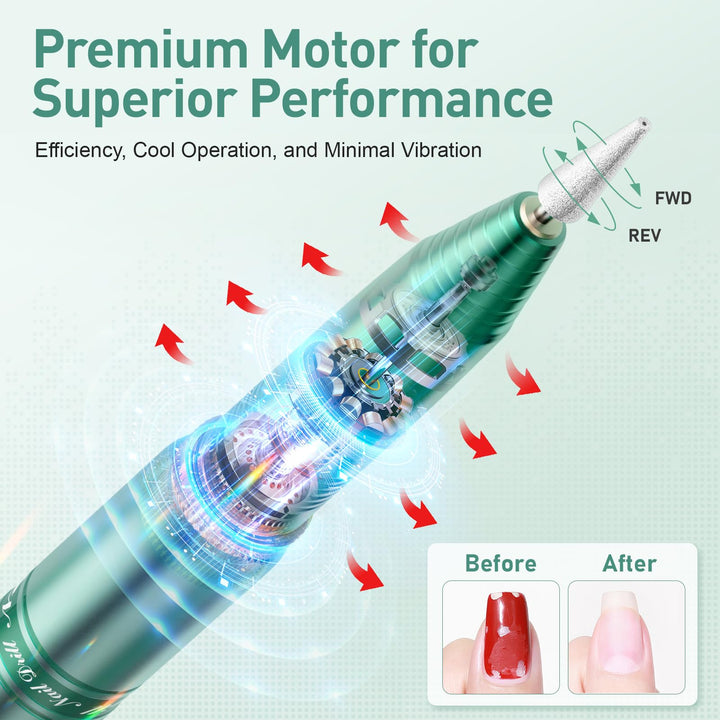 Beloving Cordless Nail Drill, Electric Nail Drill Machine for Gel Acrylic Nails, Rechargeable Portable Nail File Remover, Professional 20000rpm Nail Kit Manicure Pedicure Polishing Tool - Green
