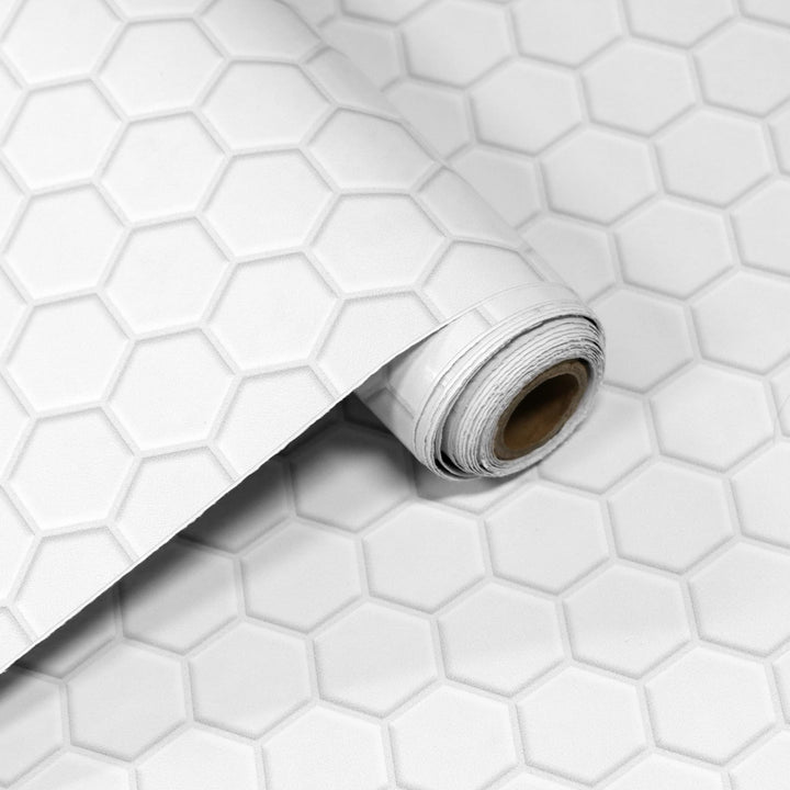 INNO STICKERS Peel and Stick Wallpaper for Kitchen Bathroom 16.9"x118" Countertop Removable Vinyl White Hexagon Decor Contact Paper