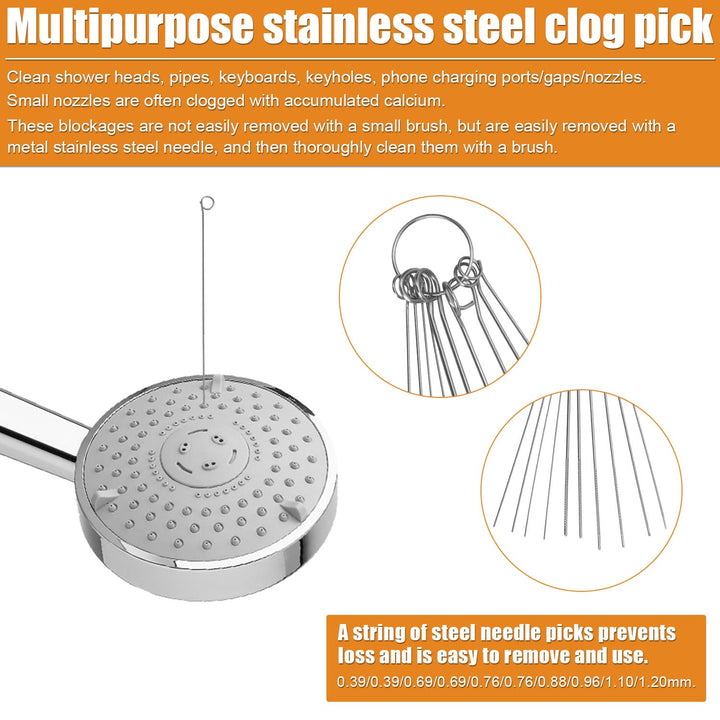10pcs Shower Head Cleaning Brush, Small Hole Nozzle Cleaning Needle Brush with 10 Stainless Steel Pin Picks Gap Hole Anti-Clogging Cleaner Tool Brush for Car Printer Tubes (Orange)