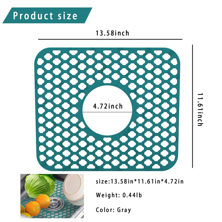 FFXQCTFF Kitchen Sink Mat, Silicone, Rectangular, 13.6x11.6 inches, Green, Center Drain, Countertop