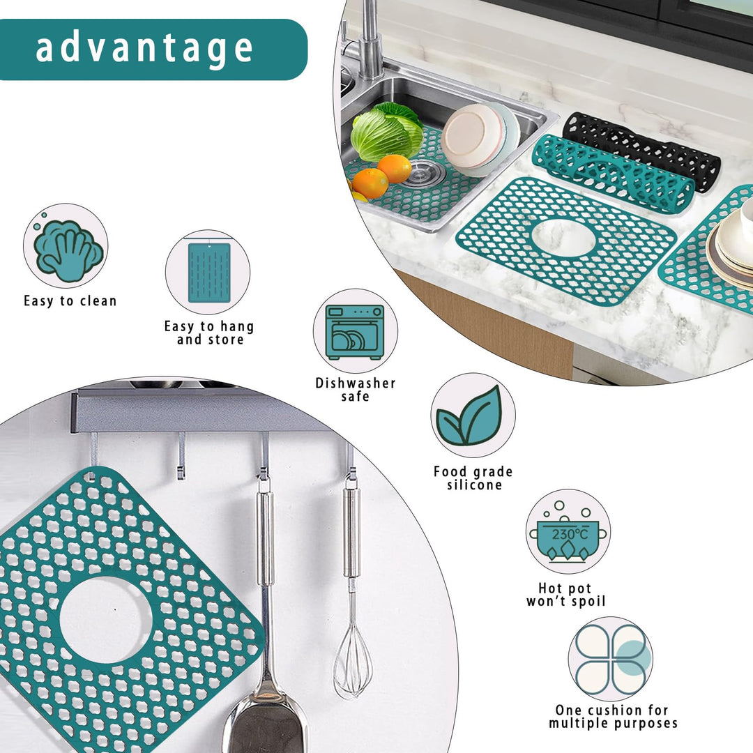 FFXQCTFF Kitchen Sink Mat, Silicone, Rectangular, 13.6x11.6 inches, Green, Center Drain, Countertop