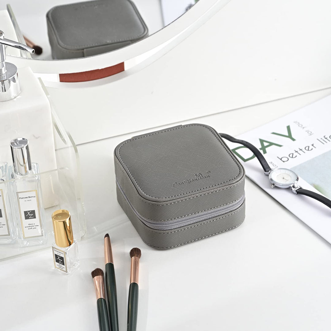 Luxury Travel Jewelry Leather Box Mini Organizer-Small Jewelry Multifunctional Storage Portable Travel Case for Rings Earrings Necklace Mother's Day Gift Women Wife Daughter Gift (GRAY)