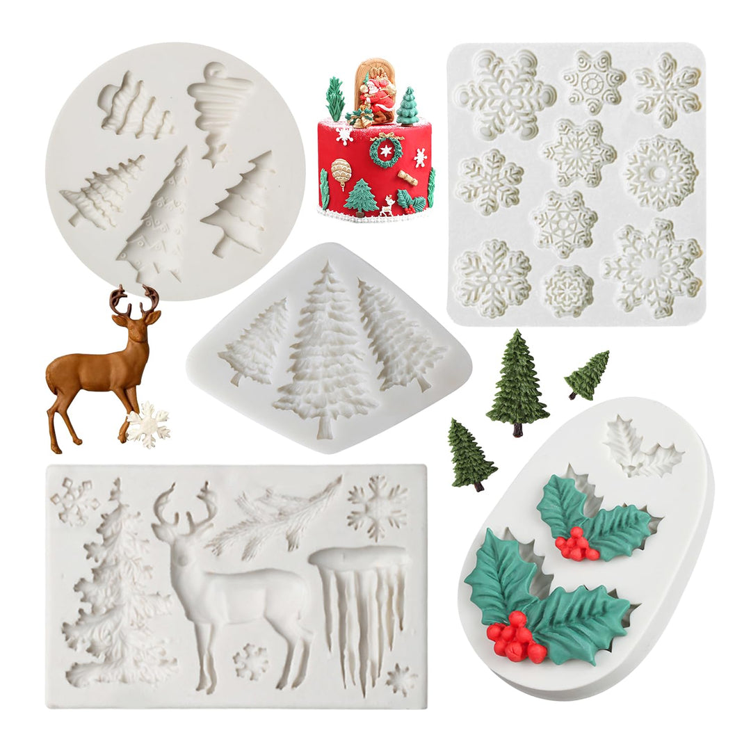 Christmas Fondant Mold Set of 5 Pieces- 3D Snowflake, Christmas Tree, Reindeer, Holly Leaf, Cupcake Topper for Cake Decorating Tools