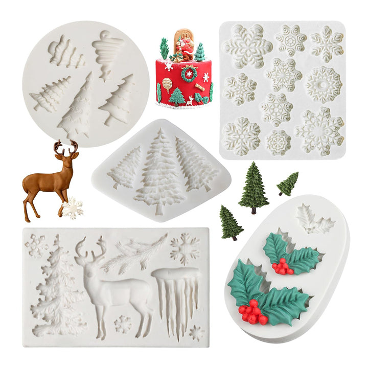 Christmas Fondant Mold Set of 5 Pieces- 3D Snowflake, Christmas Tree, Reindeer, Holly Leaf, Cupcake Topper for Cake Decorating Tools