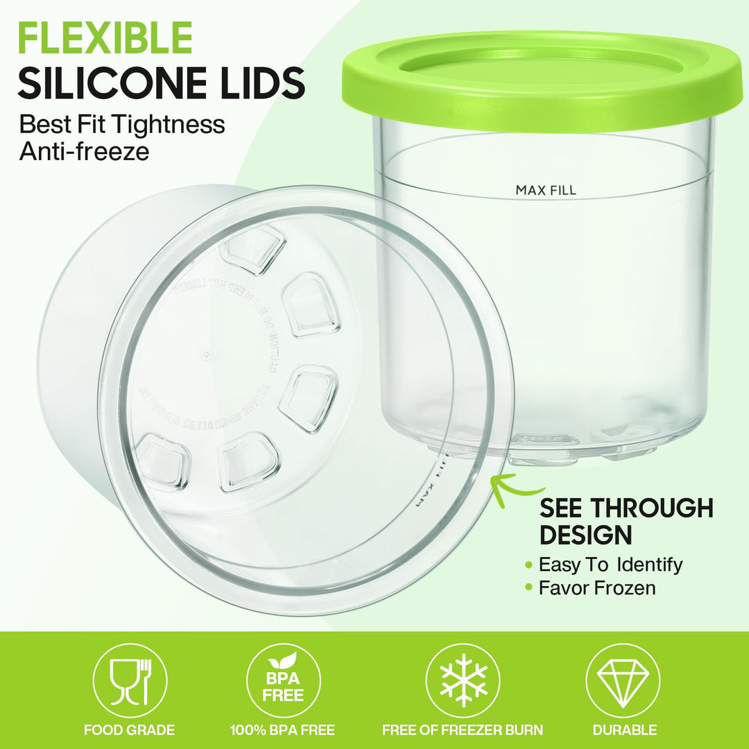 4 Pack Ice Cream Containers and Lids Extra Cups Replacement for Ninja Creami Pints and Lids - Compatible with NC300, & NC299AMZ Series Ice Cream Makers, BPA-Free, Dishwasher Safe