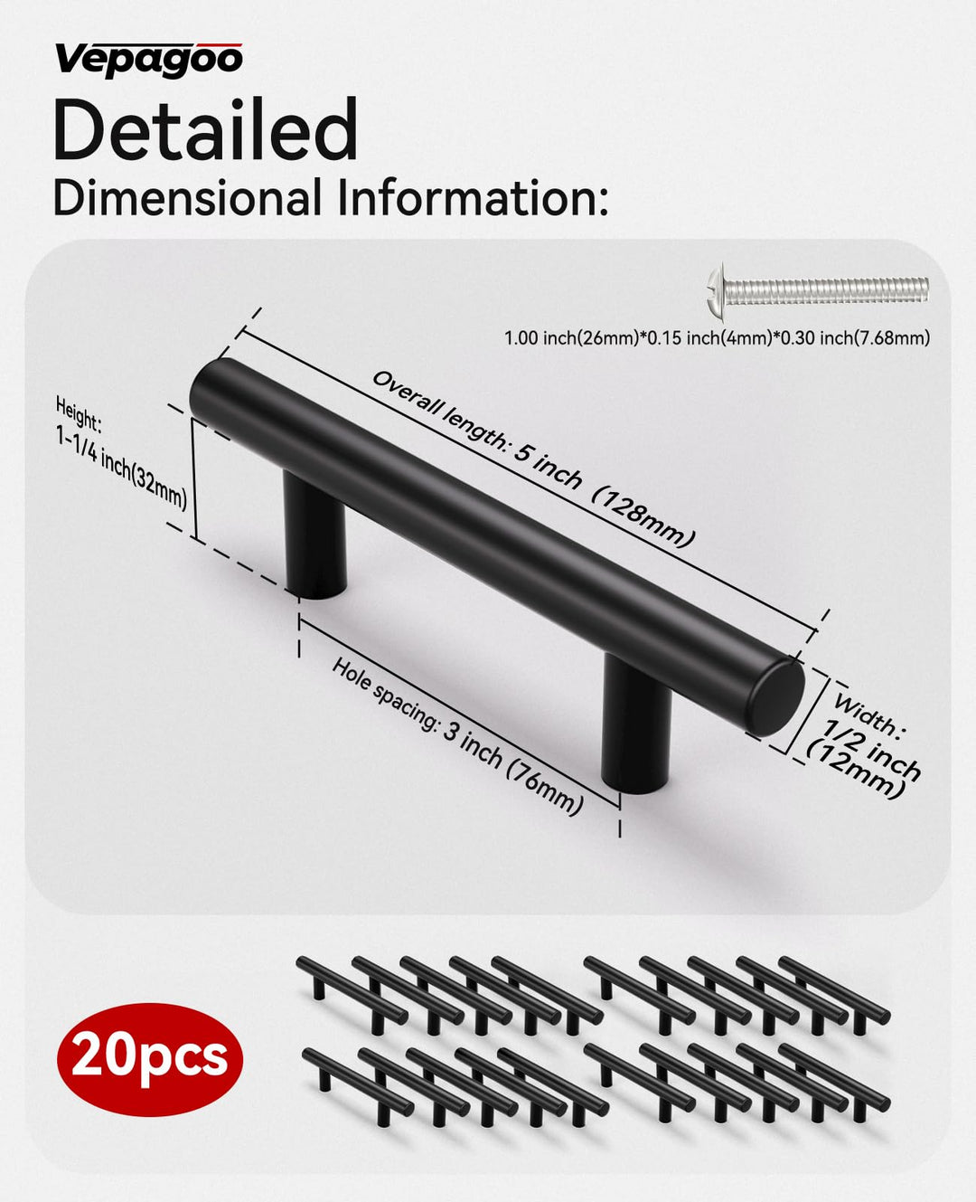 Vepagoo 20 Pack 5" Matte Black Cabinet Handles Drawer Pulls – 3 inch Hole Center Stainless Steel Handle Pull for Kitchen, Bathroom, Wardrobes, Tv Cabinets – Poignée Armoire Cuisine