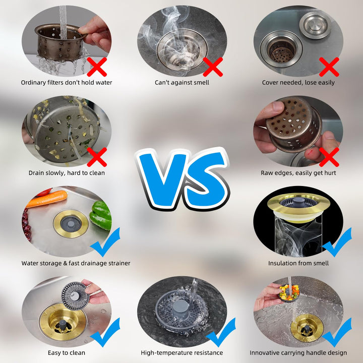 Hibbent Upgraded 3 in 1 Kitchen Sink Drain Strainer and Stopper Combo, Stainless Steel Metal Pop Up Sink Stopper, 3 Anti-Clogging Basket Strainers for US Standard 3-1/2 Inch Drain, Brushed Gold