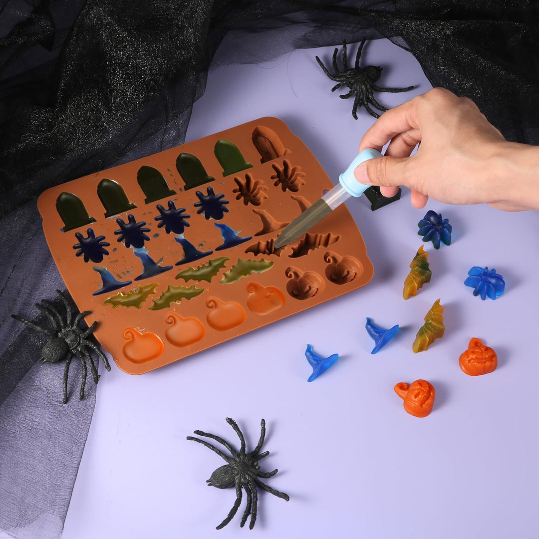 Halloween Molds Silicone for Chocolate Candy, Witch Hat Bat Tombstone Spider Pumpkin Shapes Baking and Crafting Tool for Themed Party