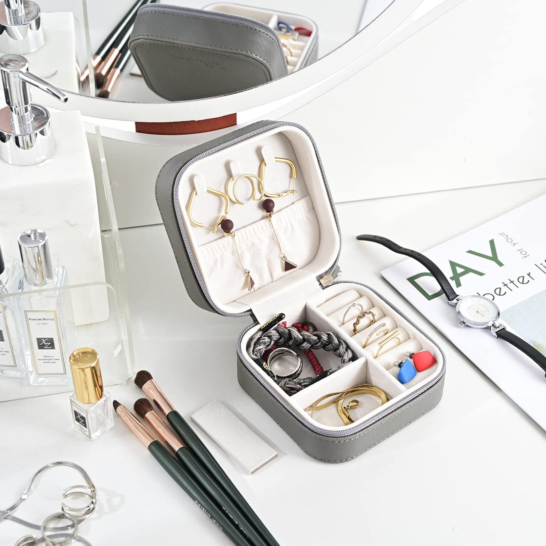 Luxury Travel Jewelry Leather Box Mini Organizer-Small Jewelry Multifunctional Storage Portable Travel Case for Rings Earrings Necklace Mother's Day Gift Women Wife Daughter Gift (GRAY)