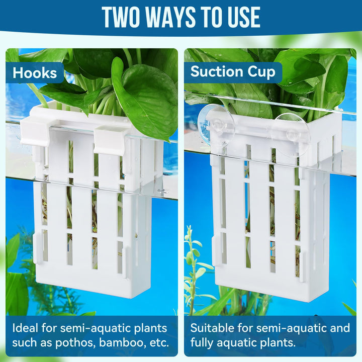 Upgraded Aquarium Plant Holder with Hooks and Suction Cups for Fish Tank Aquaponic Plants Cultivation and Aquascape Decorations (White)
