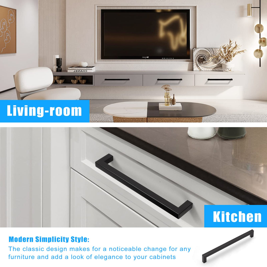 KNOBWELL 10 Pack Black Stainless Cabinet Pulls, Matte Black Drawer Pulls, 8-4/5" Hole Spacing Cabinet Pulls, 9-1/5" Overall Length Kitchen Cupboard Handles