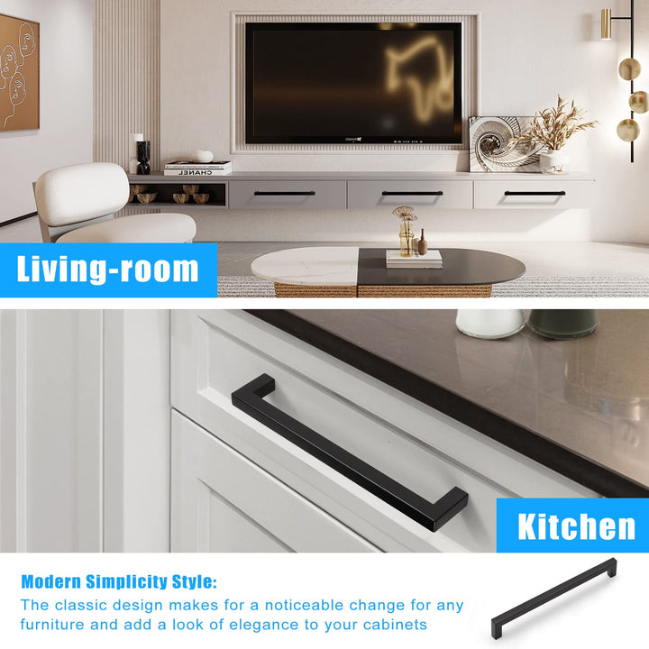 KNOBWELL 10 Pack Black Stainless Cabinet Pulls, Matte Black Drawer Pulls, 8-4/5" Hole Spacing Cabinet Pulls, 9-1/5" Overall Length Kitchen Cupboard Handles