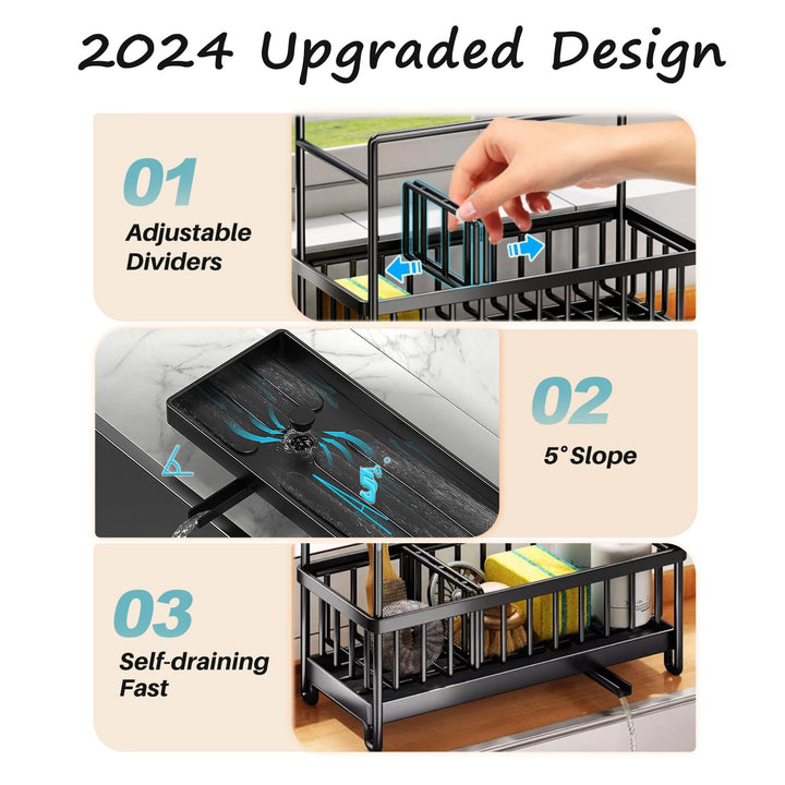 Sponge Holder for Kitchen Sink, Sink Caddy with High Brush Holder, Dishcloth Hanger and Auto Draining Tray, 304 Stainless Steel Dish Organizer Divider