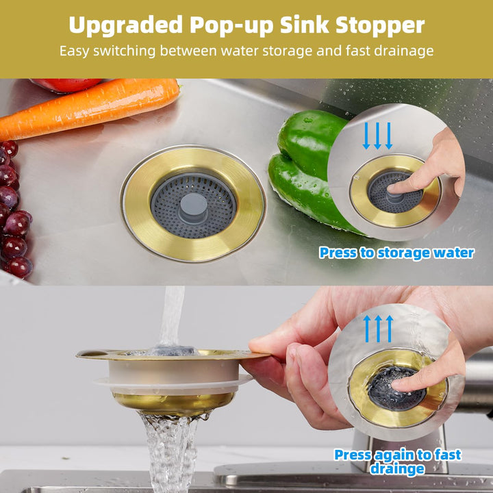 Hibbent Upgraded 3 in 1 Kitchen Sink Drain Strainer and Stopper Combo, Stainless Steel Metal Pop Up Sink Stopper, 3 Anti-Clogging Basket Strainers for US Standard 3-1/2 Inch Drain, Brushed Gold