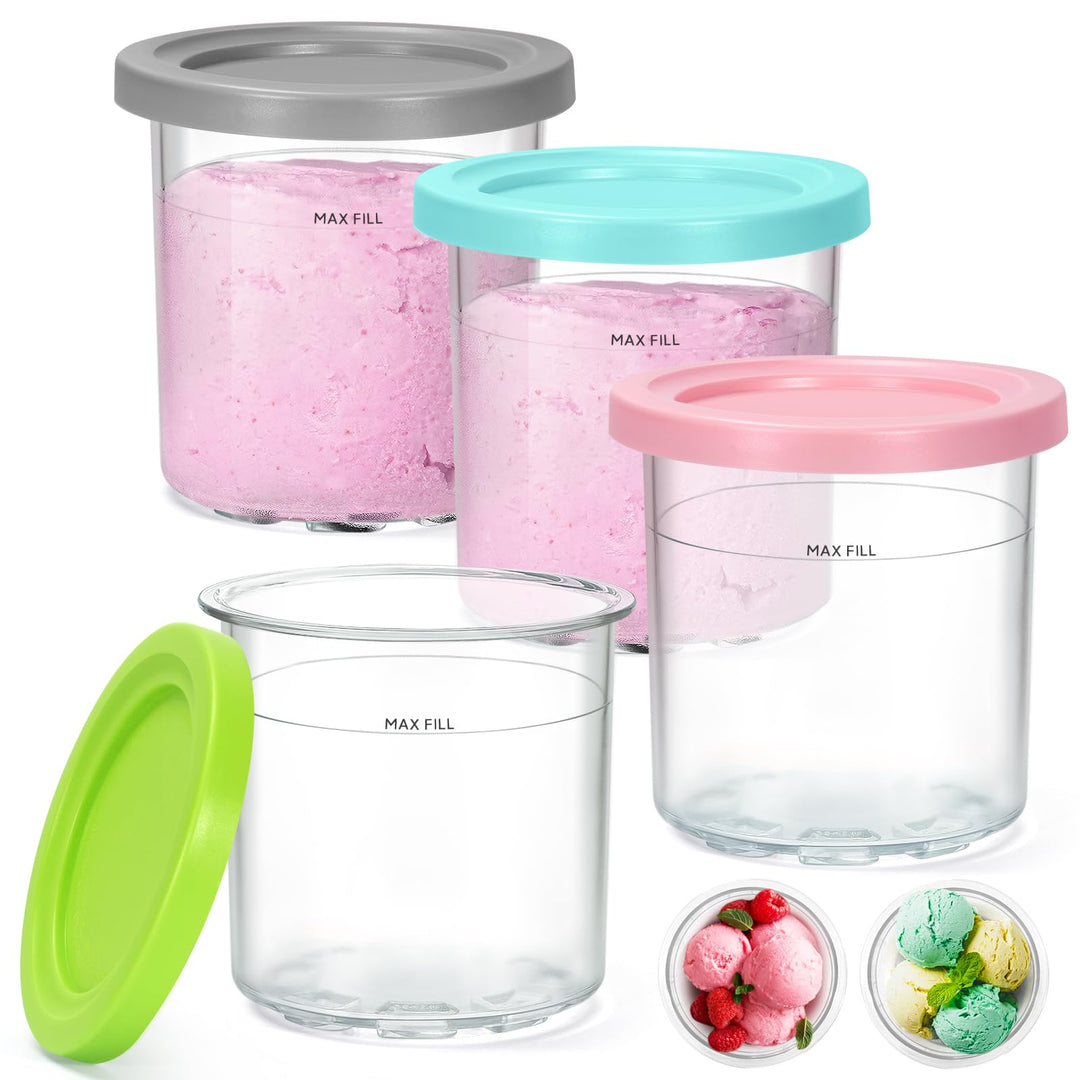 4 Pack Ice Cream Containers and Lids Extra Cups Replacement for Ninja Creami Pints and Lids - Compatible with NC300, & NC299AMZ Series Ice Cream Makers, BPA-Free, Dishwasher Safe