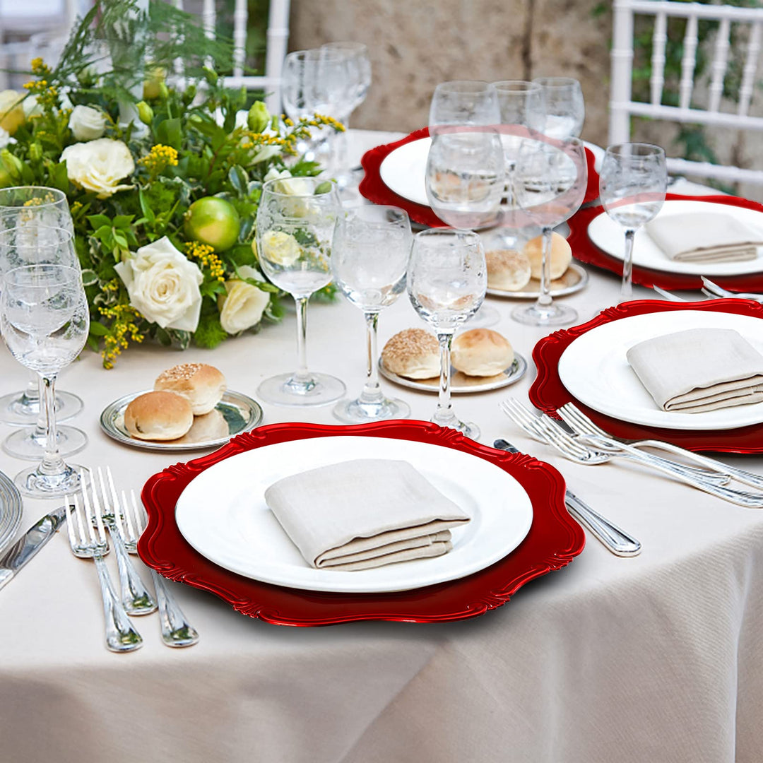 ZOOFOX Set of 12 Red Charger Plates, 13" Metallic Scalloped Charger for Dinner Plate, Decorative Service Plates for Christmas Tabletop Holiday Wedding Catering Event Decor