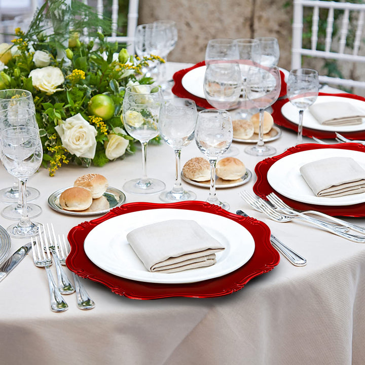 ZOOFOX Set of 12 Red Charger Plates, 13" Metallic Scalloped Charger for Dinner Plate, Decorative Service Plates for Christmas Tabletop Holiday Wedding Catering Event Decor