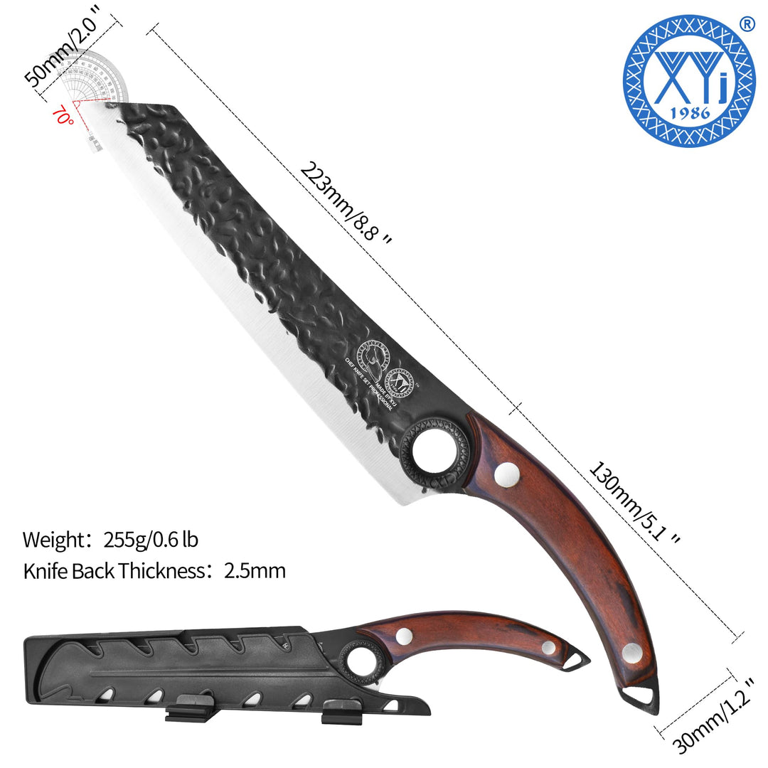 XYJ Kitchen Knife, High Carbon Steel Hand Forged Japanese Chef Knife for Meat Cutting, Cleaver, Cooking Knife with Finger Hole Design, Knife with Sheath, Full Tang, Ergonomic Handle