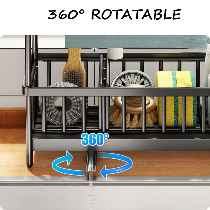 Sponge Holder for Kitchen Sink, Sink Caddy with High Brush Holder, Dishcloth Hanger and Auto Draining Tray, 304 Stainless Steel Dish Organizer Divider