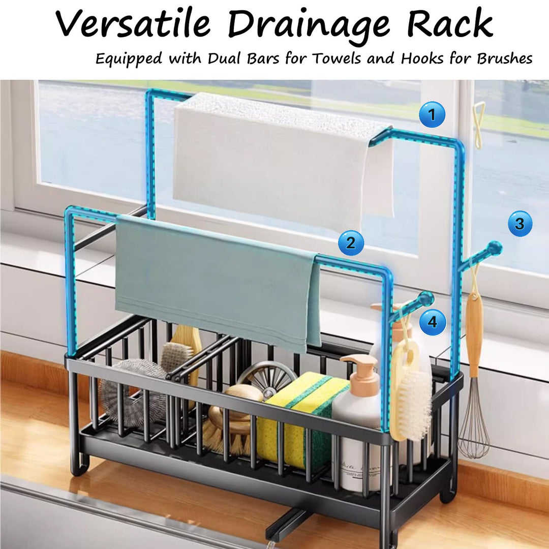 Sponge Holder for Kitchen Sink, Sink Caddy with High Brush Holder, Dishcloth Hanger and Auto Draining Tray, 304 Stainless Steel Dish Organizer Divider