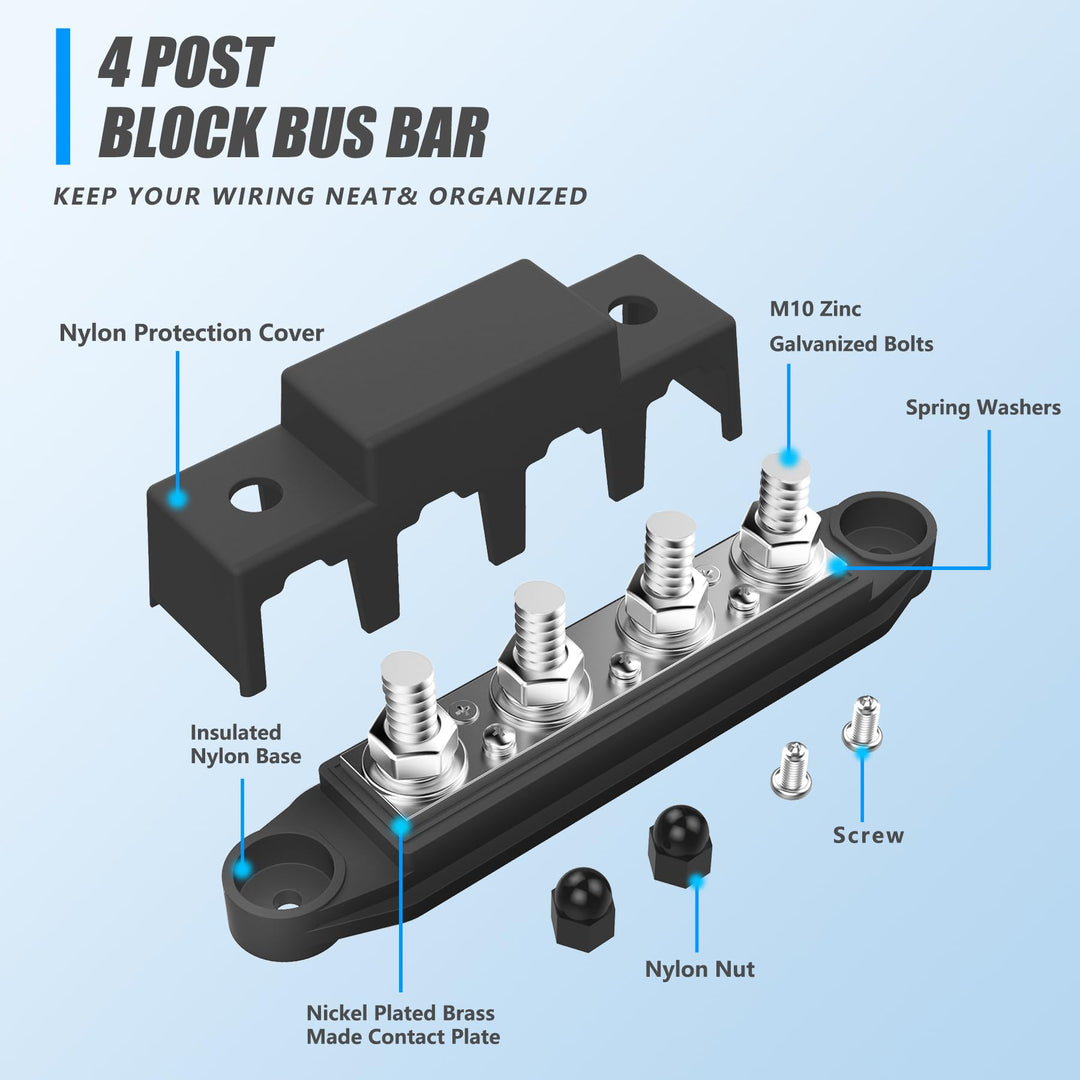 VenxyKod Power Distribution Block, 250A 12V Bus Bar 4X 3/8" Terminal Block with Cover Max 48V Junction Block Automotive Marine Busbar