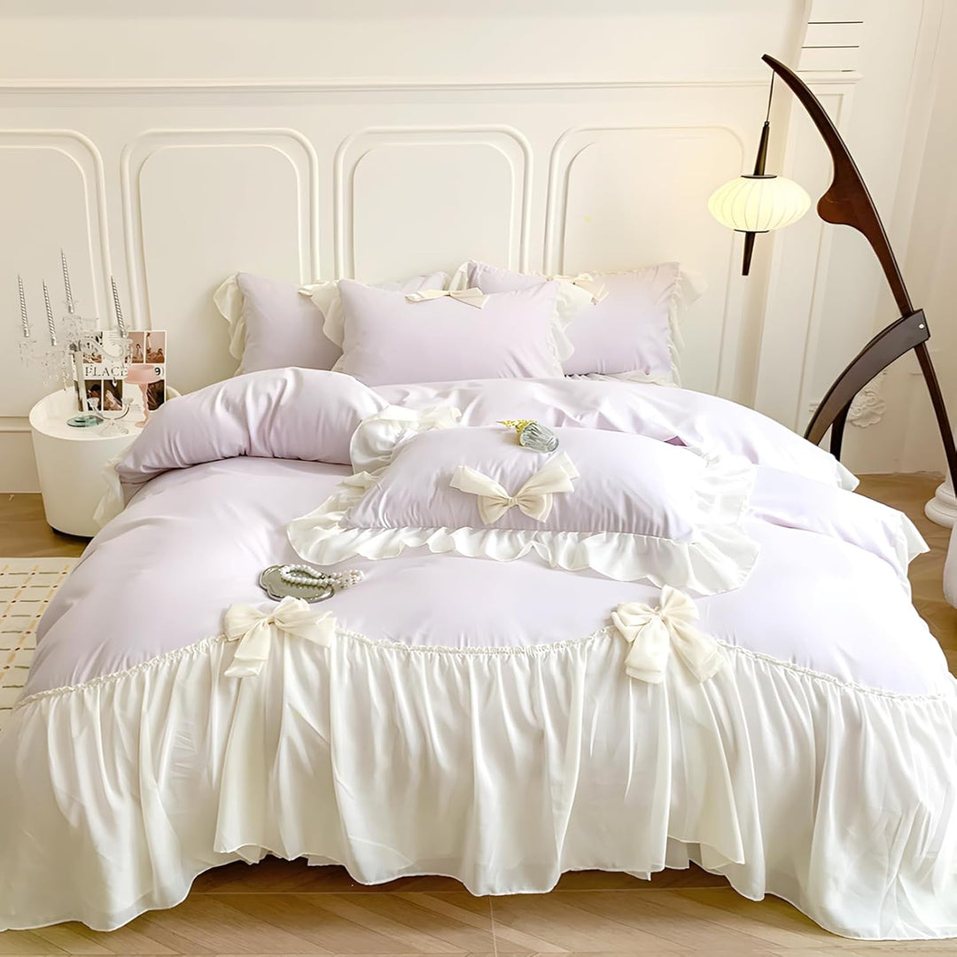 Rvciby Purple Bow Duvet Cover Queen Size,3PCS Soft Microfiber Bedding Set,Romantic French Bedding with Chiffon Lace and Cute Bows,Corner Ties&amp;Zipper Closure 90&#34;x90&#34;-1 Duvet Cover,2 Pillow Cases