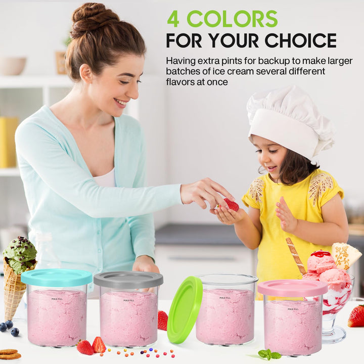 4 Pack Ice Cream Containers and Lids Extra Cups Replacement for Ninja Creami Pints and Lids - Compatible with NC300, & NC299AMZ Series Ice Cream Makers, BPA-Free, Dishwasher Safe