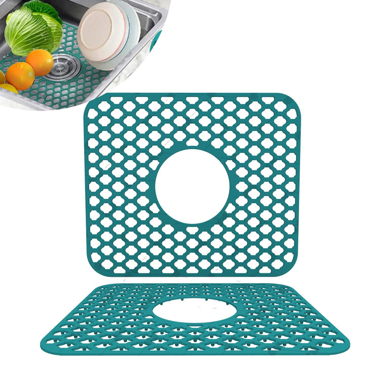 FFXQCTFF Kitchen Sink Mat, Silicone, Rectangular, 13.6x11.6 inches, Green, Center Drain, Countertop
