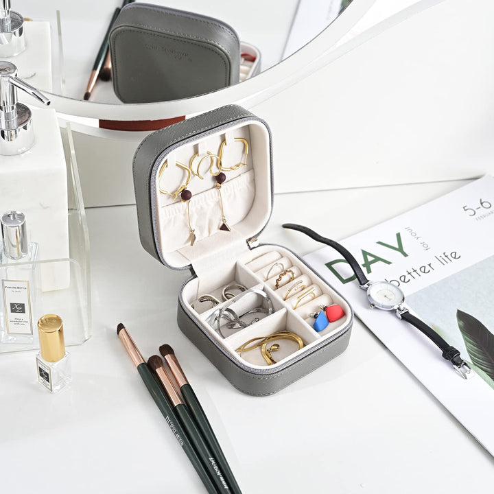 Luxury Travel Jewelry Leather Box Mini Organizer-Small Jewelry Multifunctional Storage Portable Travel Case for Rings Earrings Necklace Mother's Day Gift Women Wife Daughter Gift (GRAY)