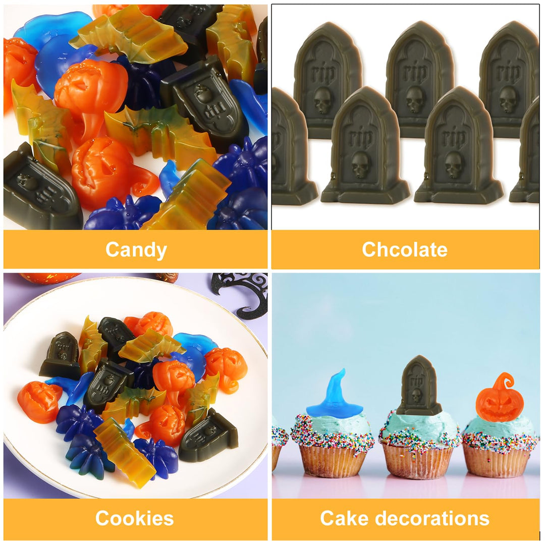 Halloween Molds Silicone for Chocolate Candy, Witch Hat Bat Tombstone Spider Pumpkin Shapes Baking and Crafting Tool for Themed Party