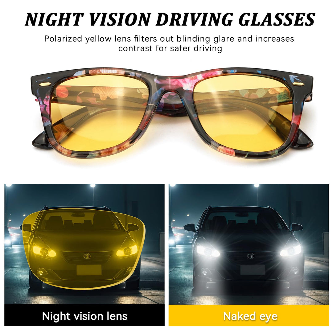 TJUTR Night Driving Glasses for Men Women, Classic Anti Glare Night Vision Glasses, Polarized Yellow Lens for Night Time