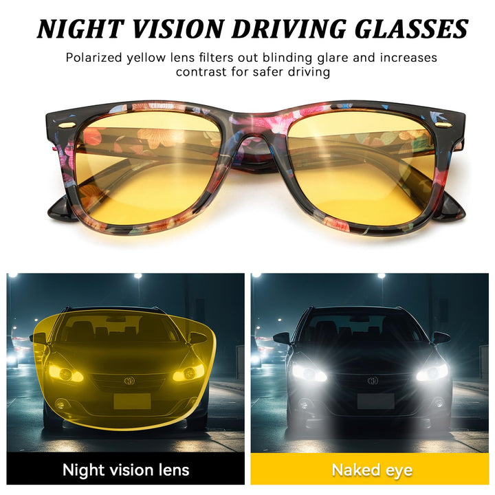 TJUTR Night Driving Glasses for Men Women, Classic Anti Glare Night Vision Glasses, Polarized Yellow Lens for Night Time
