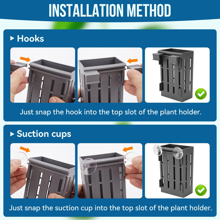 Upgraded Aquarium Plant Holder with Hooks and Suction Cups for Fish Tank Aquaponic Plants Cultivation and Aquarium Decorations (Grey)