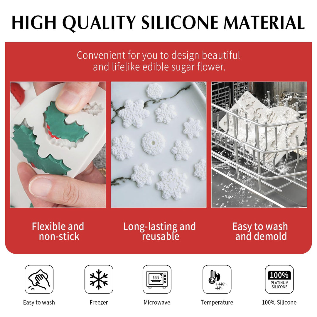 Christmas Fondant Mold Set of 5 Pieces- 3D Snowflake, Christmas Tree, Reindeer, Holly Leaf, Cupcake Topper for Cake Decorating Tools