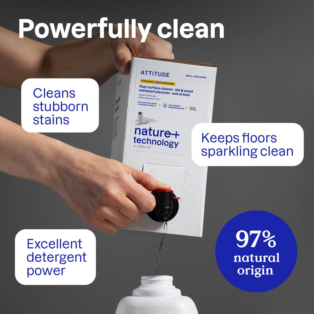 ATTITUDE Floor Cleaner, EWG Verified, Streak-Free, Vegan & Plant-Based for Tile, Wood & Laminate Floors, Made in Canada, Citrus Zest Scent, 1.04 Liters