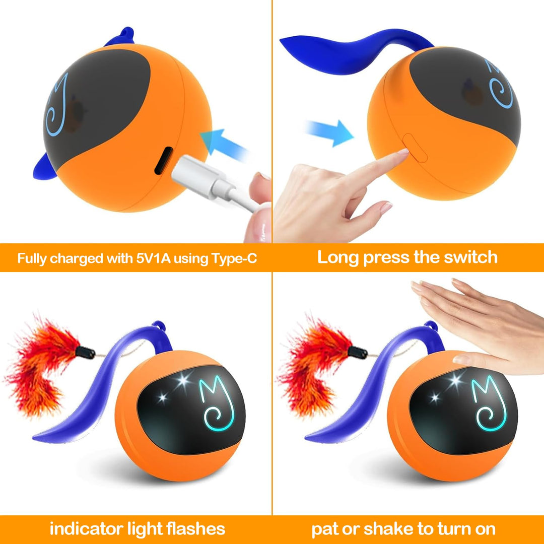 Migipaws Interactive Cat Ball Toy Set, Fun Tracker, Automatic Moving Chase Ball with Fluffy Tail, A Small Mice, Rechargeable (Orange)