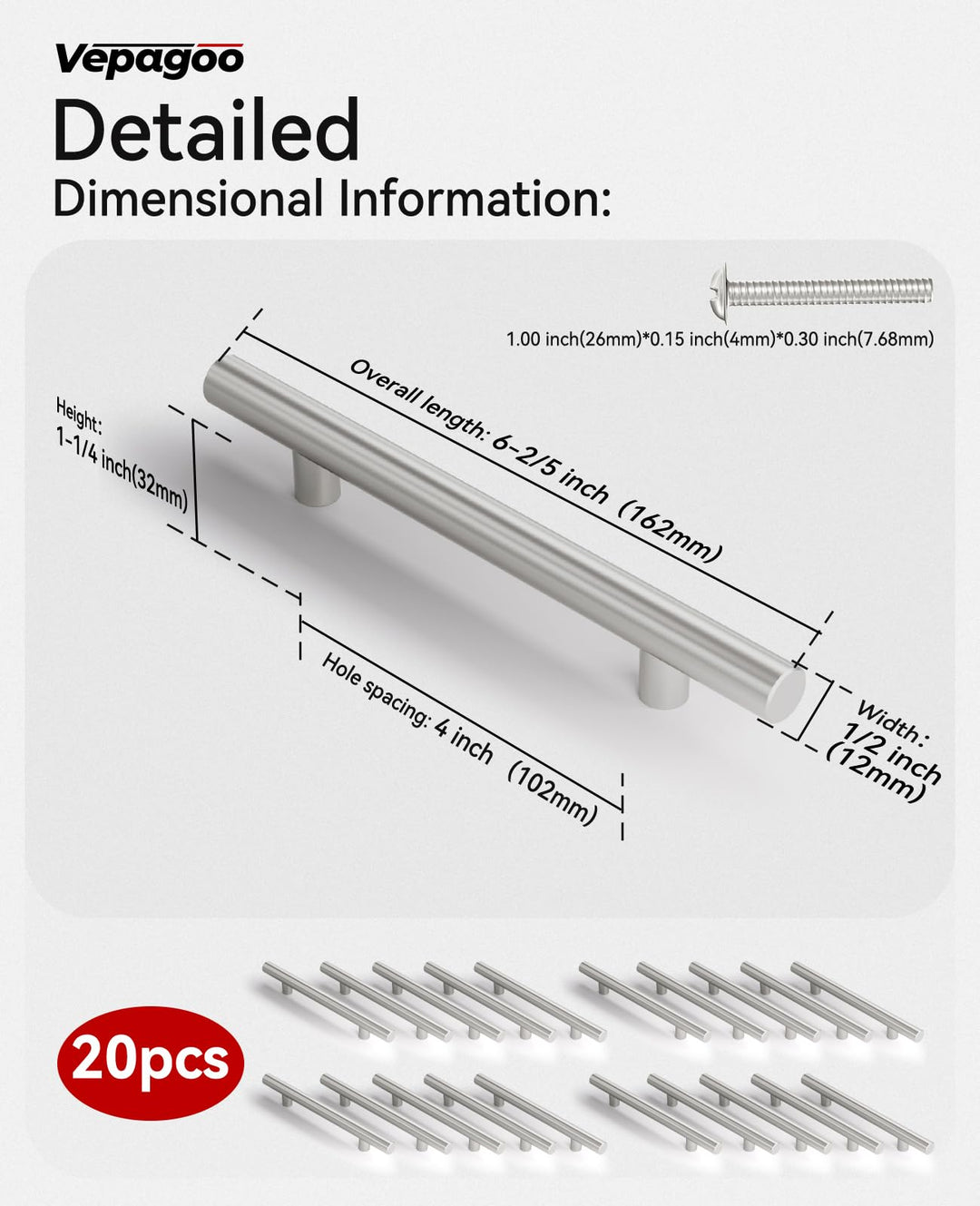 Vepagoo 20 Pack 6-2/5" Brushed Nickel Cabinet Handles Drawer Pulls – 4 inch Hole Center Silver Stainless Steel Handle Pull for Kitchen, Bathroom, Wardrobes, Tv Cabinets – Poignée Armoire Cuisine